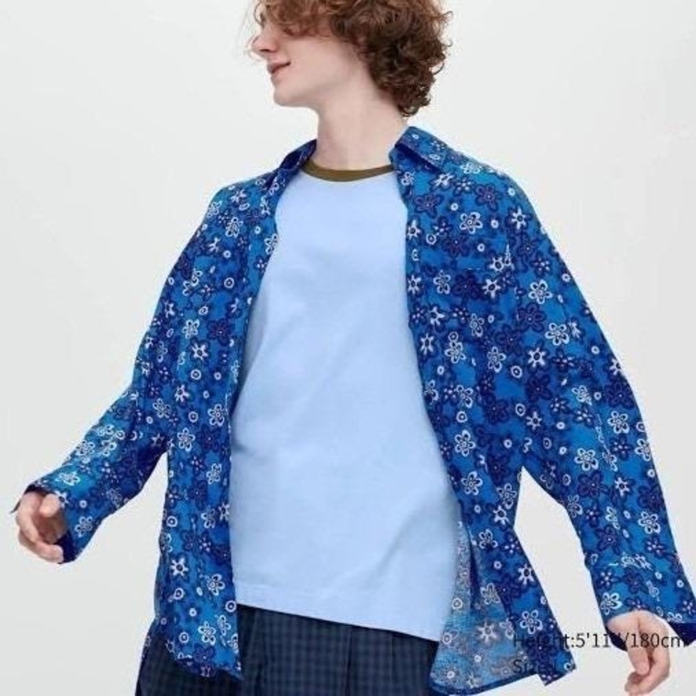 Marni Uniqlo Oversize Linen Floral Pattern Button Shirt Men M Blue Lightweight - Picture 2 of 12